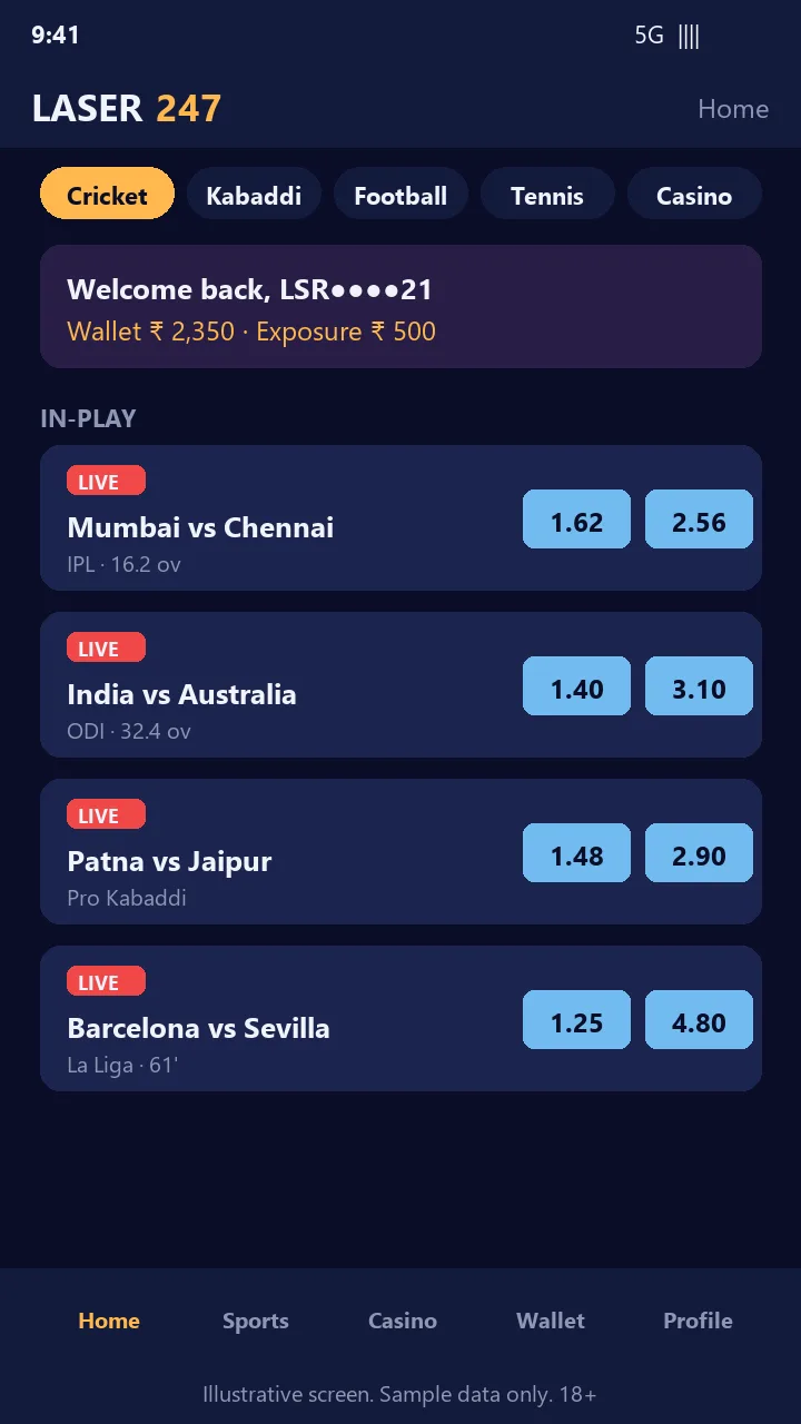 Laser247 app home screen with in-play cricket, kabaddi and football matches (sample screen)