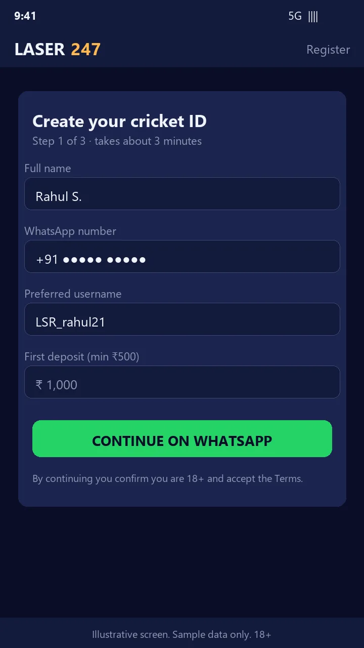 Laser247 register form with name, WhatsApp number, username and first deposit (sample screen)