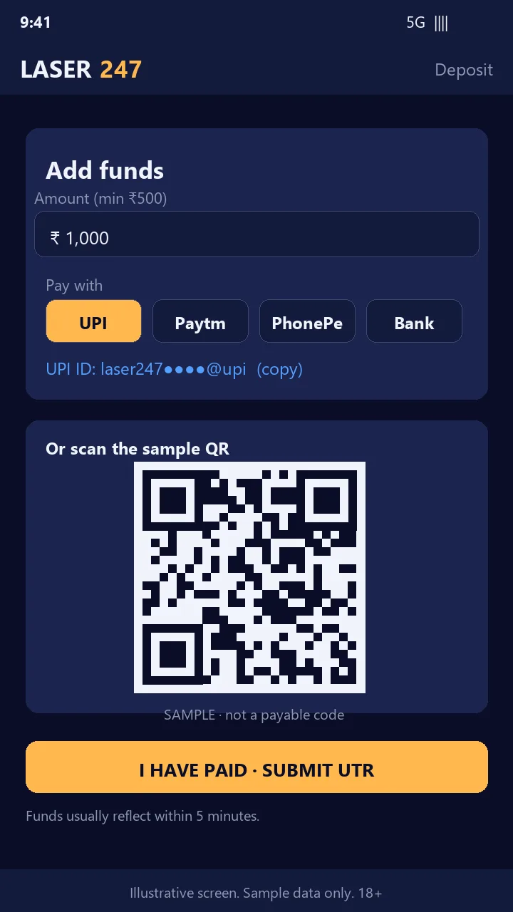 Laser247 UPI deposit screen with amount, payment options and sample QR code (sample screen)