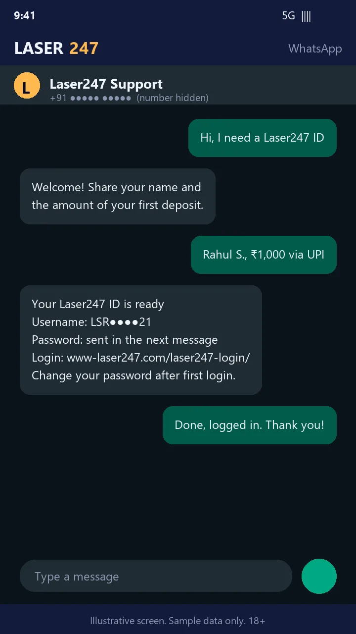 Laser247 ID confirmation on WhatsApp with username and login link (sample screen)